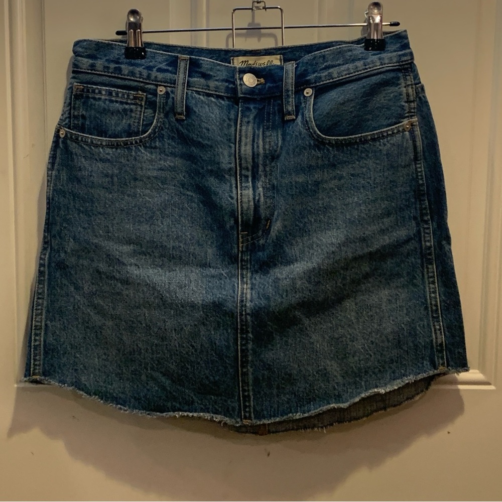 NWT Madewell Denim Dolphin-Hem Rigid Denim A-Line Blue Jean Mini Skirt 28 $79.50 - Picture 6 of 12